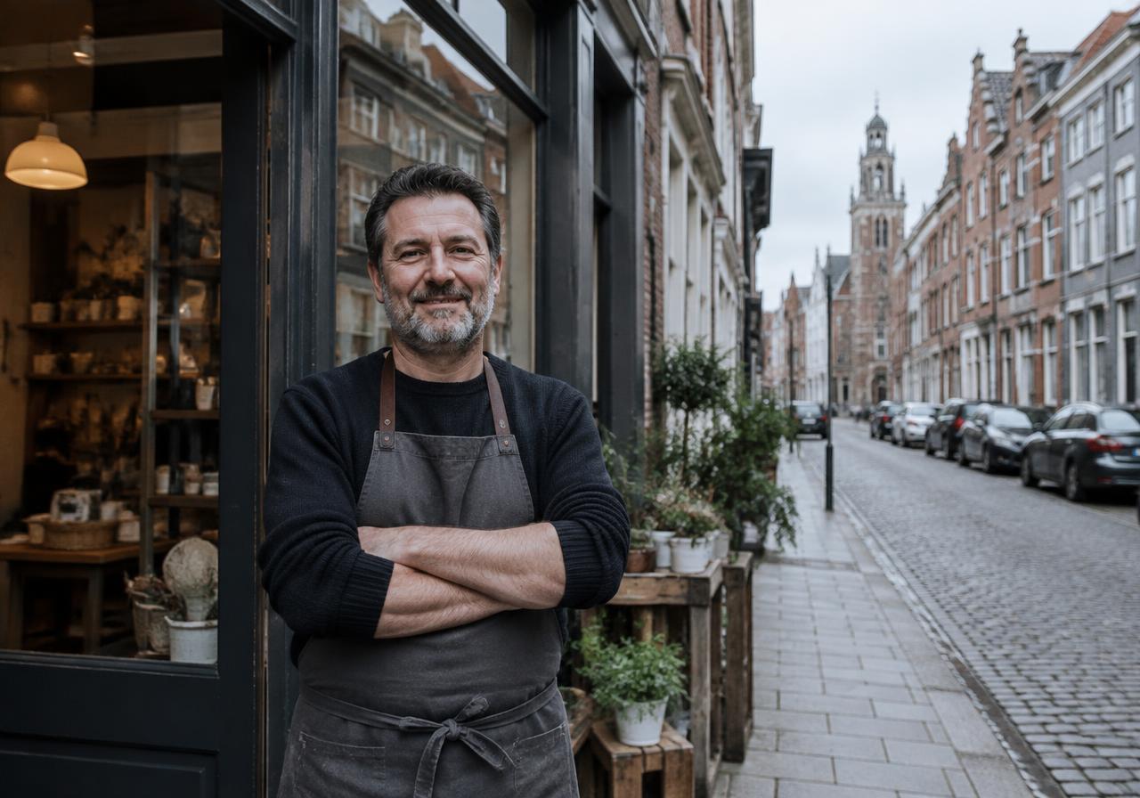 Commerçant devant sa boutique dans le Nord de la France